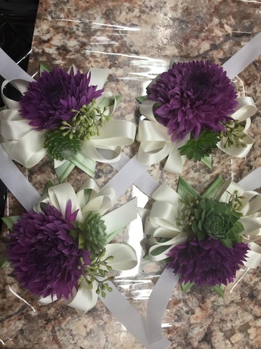 Frizzy Lizzy Wrist Corsages | Dahlia Wedding Bride Bouquets